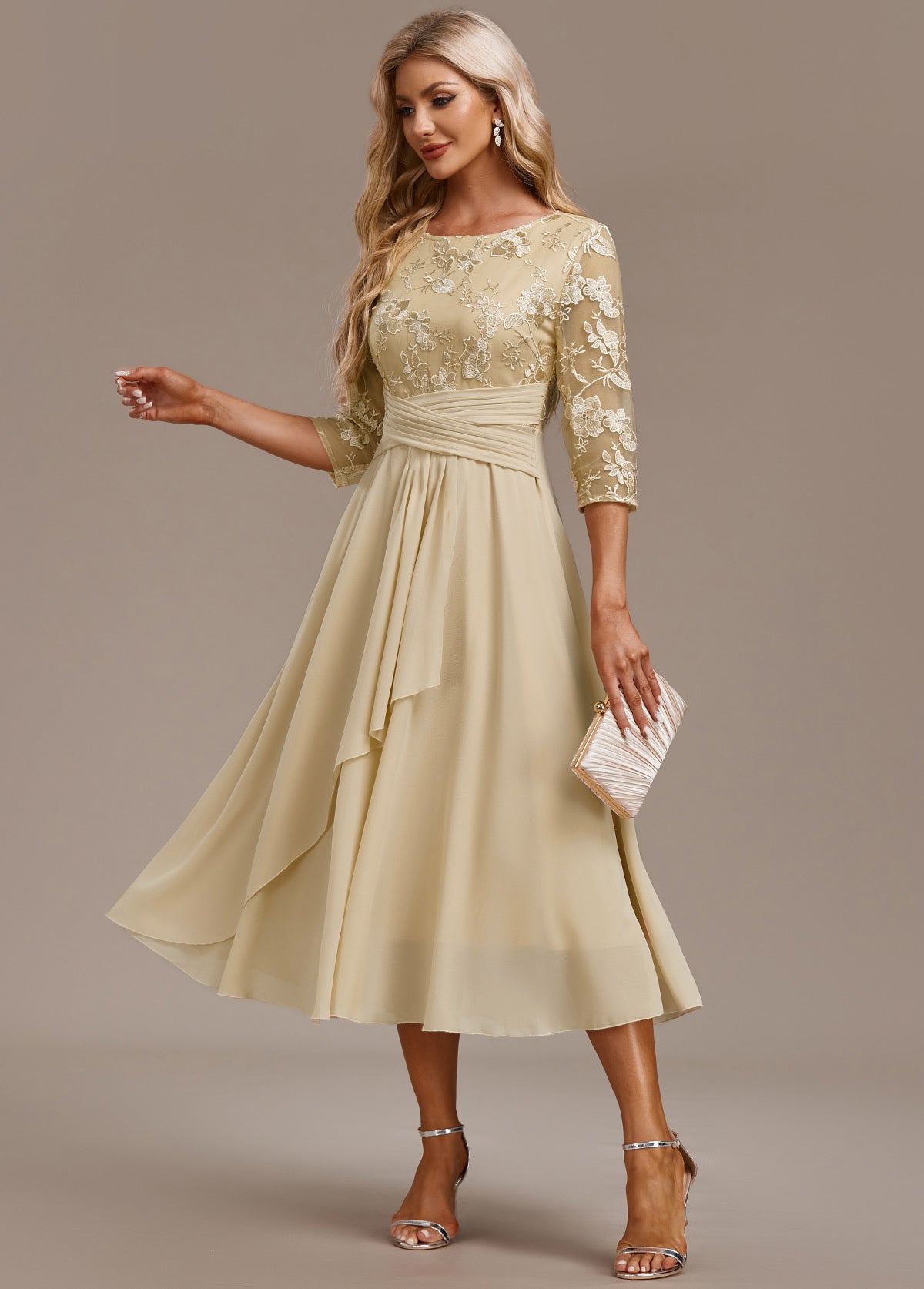 Eleanor | Champagne FLoral Three-Quarter Sleeve Round Neck Dress