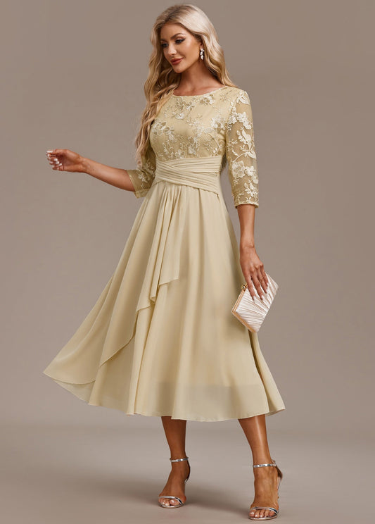 Eleanor | Champagne FLoral Three-Quarter Sleeve Round Neck Dress