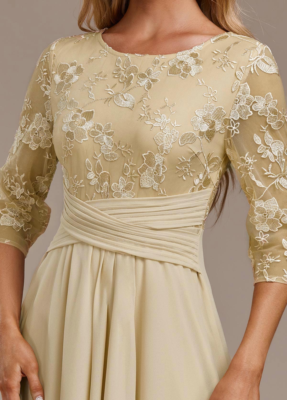 Eleanor | Champagne FLoral Three-Quarter Sleeve Round Neck Dress