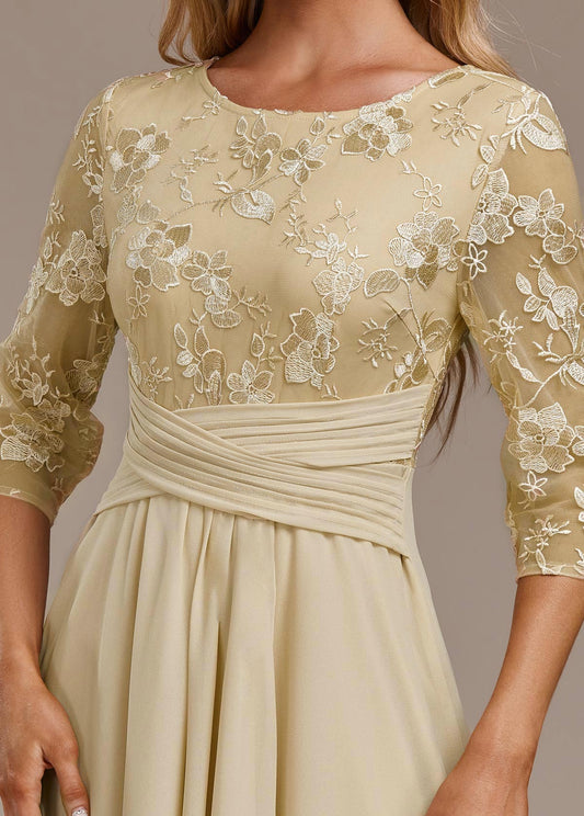Eleanor | Champagne FLoral Three-Quarter Sleeve Round Neck Dress