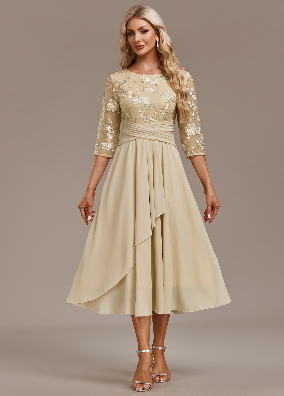 Eleanor | Champagne FLoral Three-Quarter Sleeve Round Neck Dress