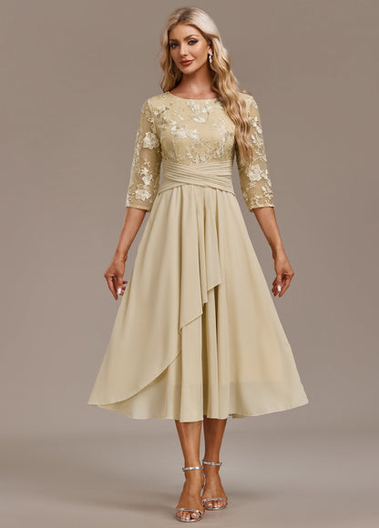 Eleanor | Champagne FLoral Three-Quarter Sleeve Round Neck Dress