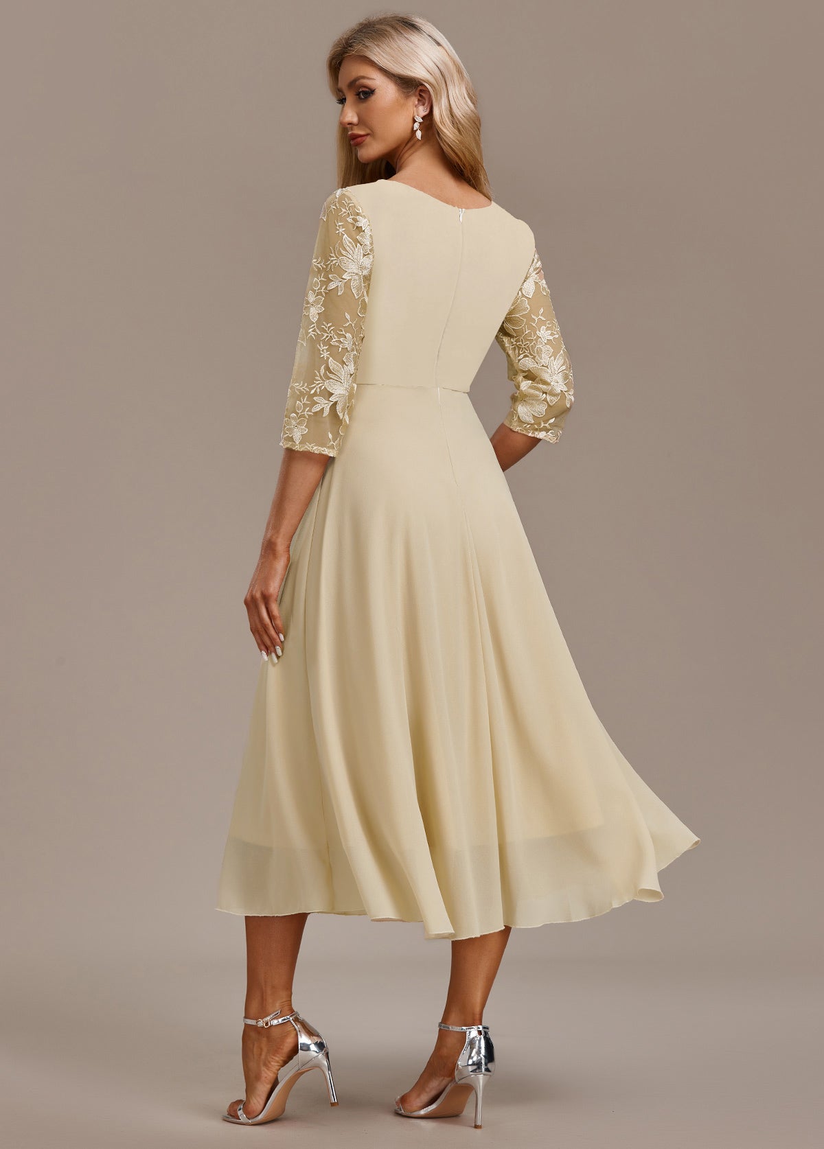 Eleanor | Champagne FLoral Three-Quarter Sleeve Round Neck Dress