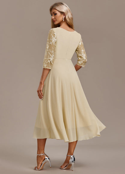 Eleanor | Champagne FLoral Three-Quarter Sleeve Round Neck Dress