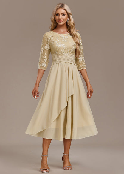 Eleanor | Champagne FLoral Three-Quarter Sleeve Round Neck Dress