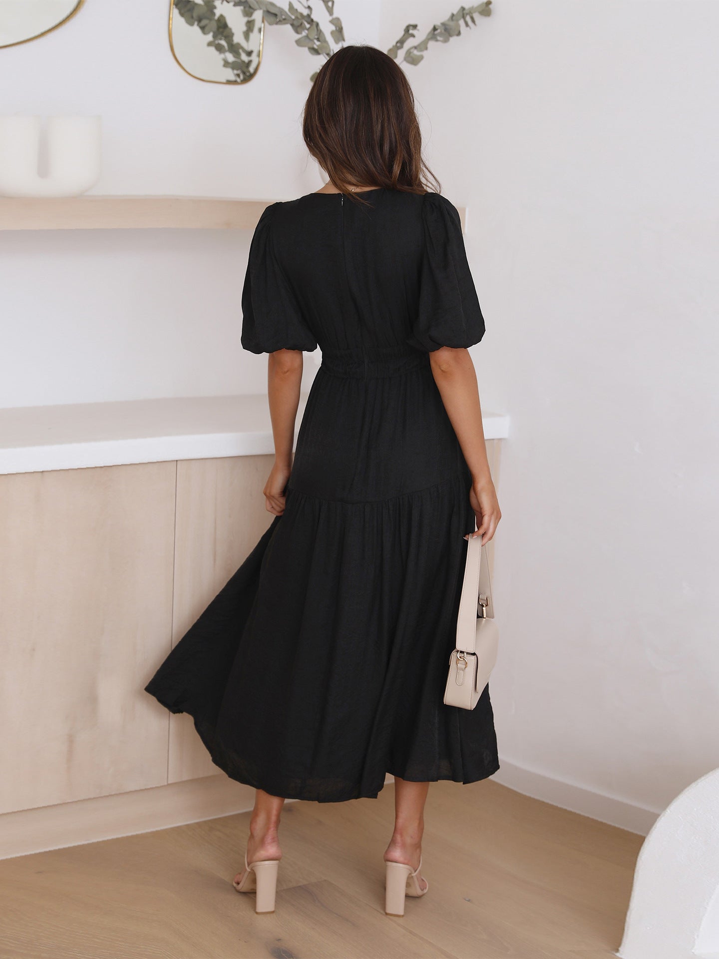 Ivy | Women's V-Neck Puff Sleeve Mid-Length Dress with Smocked Waist