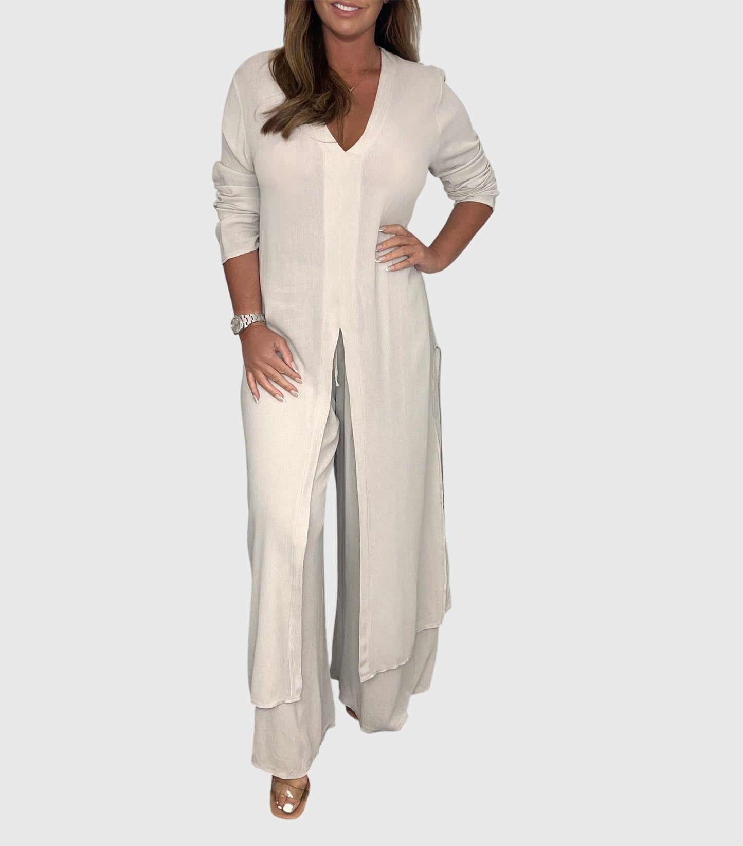 Nicole | Women's Duster Cardigan Two-Piece Set Wide Leg Pants