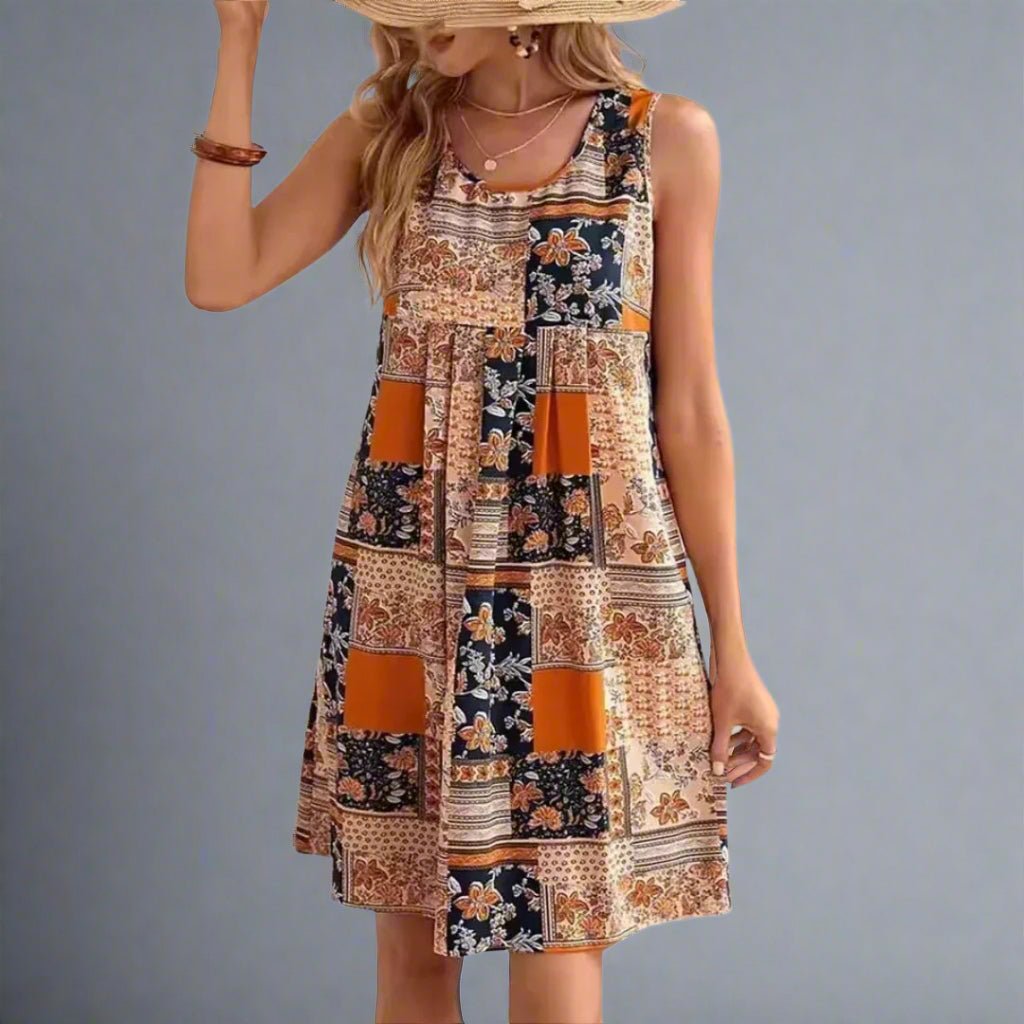 Serenity | Women's Bohemian Patchwork Print No-Sleeve Short Dress