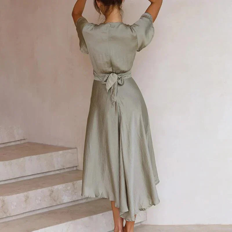 Leah | Women's Satin Mid-Length Dress Deep V-Neck Tie Front Flutter Sleeve