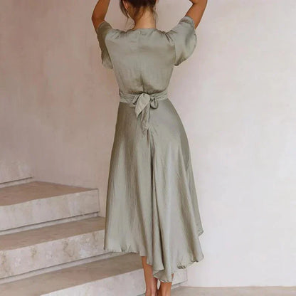 Leah | Women's Satin Mid-Length Dress Deep V-Neck Tie Front Flutter Sleeve