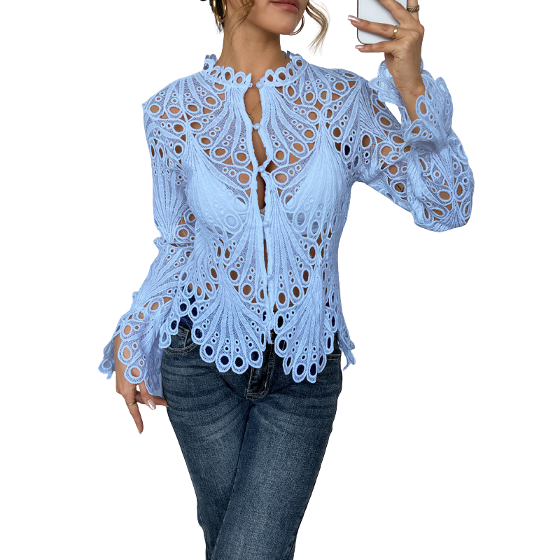 Robin | Women's Lace Cutwork Blouse Long Sleeve Hollow Out Top
