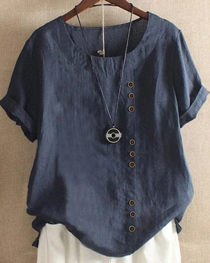 Alice | Women's Button Front Crew Neck Short Sleeve Relaxed Top