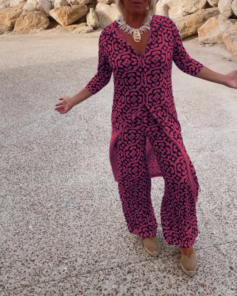 Alexis | Women's Printed Two Piece Set Longline Shirt Straight Pants