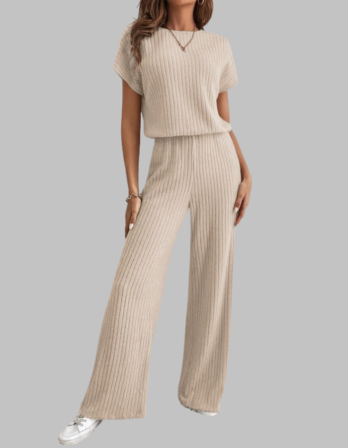 Carol | Women's Ribbed Two Piece Set Short Sleeve Top Wide Leg Pants