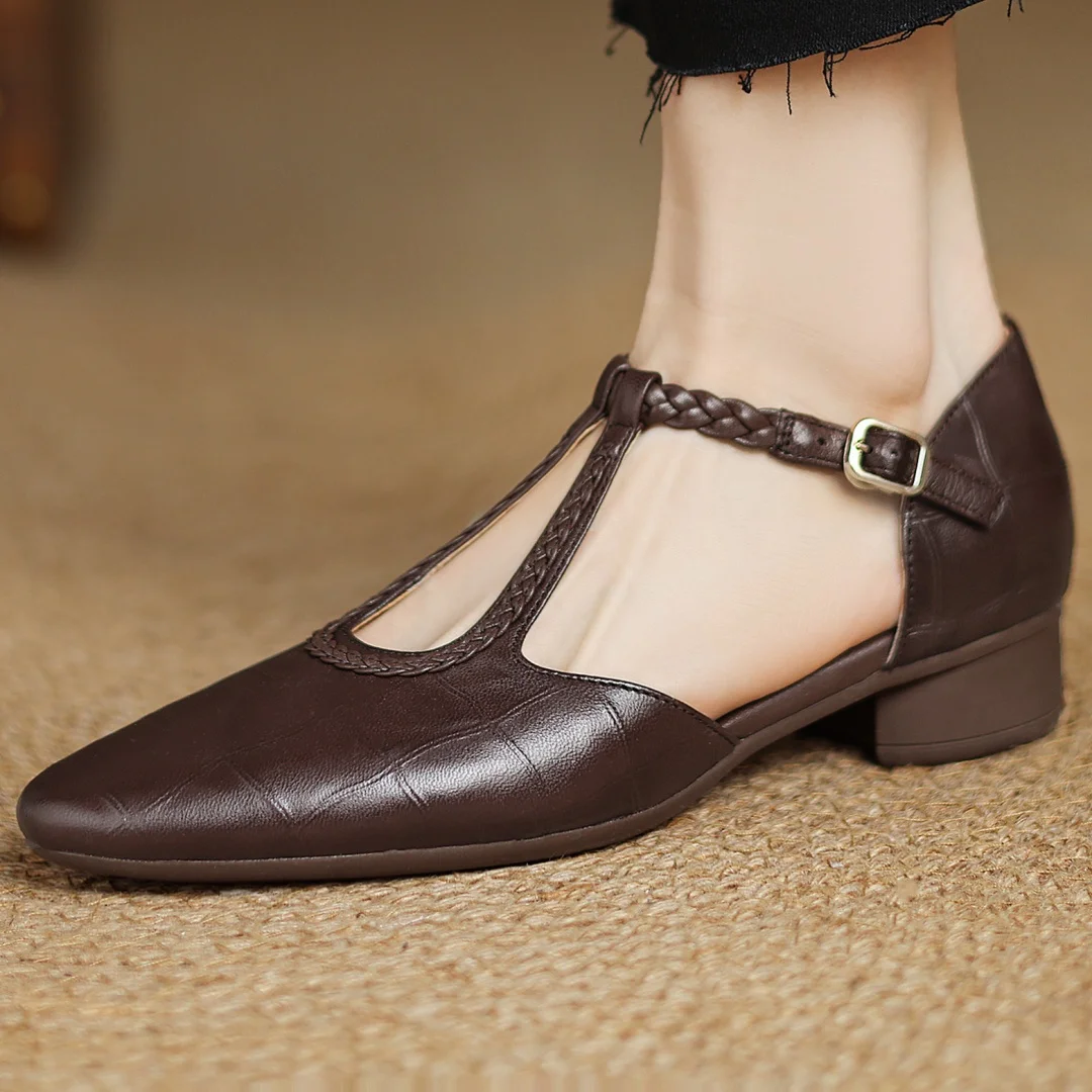 Colleen | Women's Leather T-Strap Mary Jane Flats Pointed Toe Flat