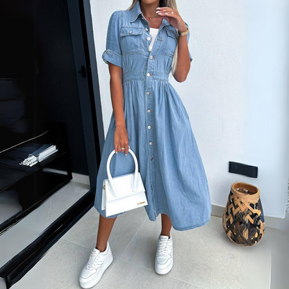Sierra | Women's Denim Button-Up Mid-Length Dress Short-Sleeved