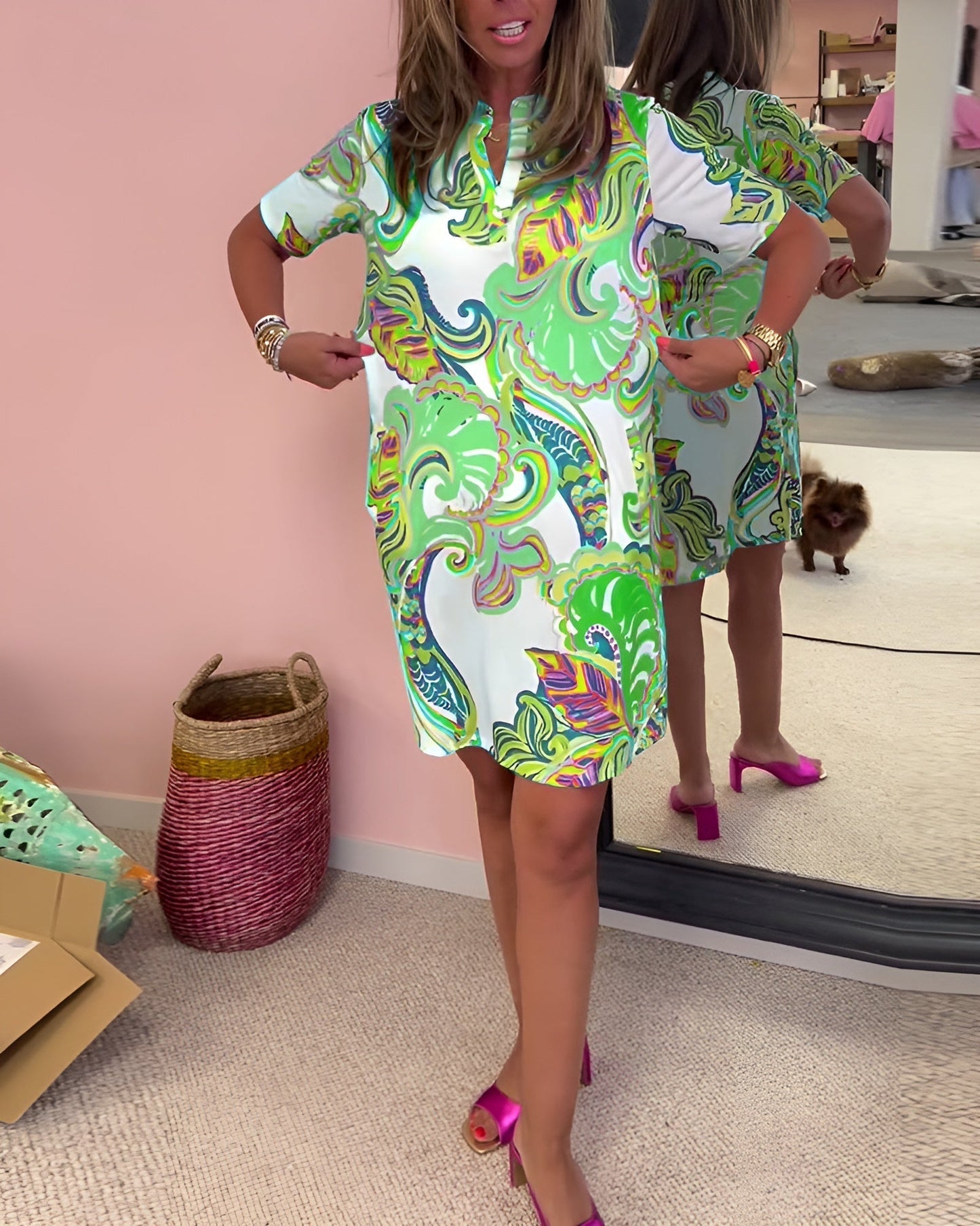 Ellie | Women's V Neck Tummy Control Printed Draped Dress Everyday Summer