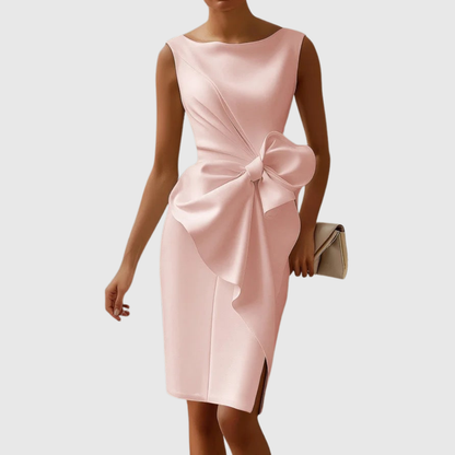 Emma | Women's Boat Neck No-Sleeve Mid-Length Dress with Bow Detail