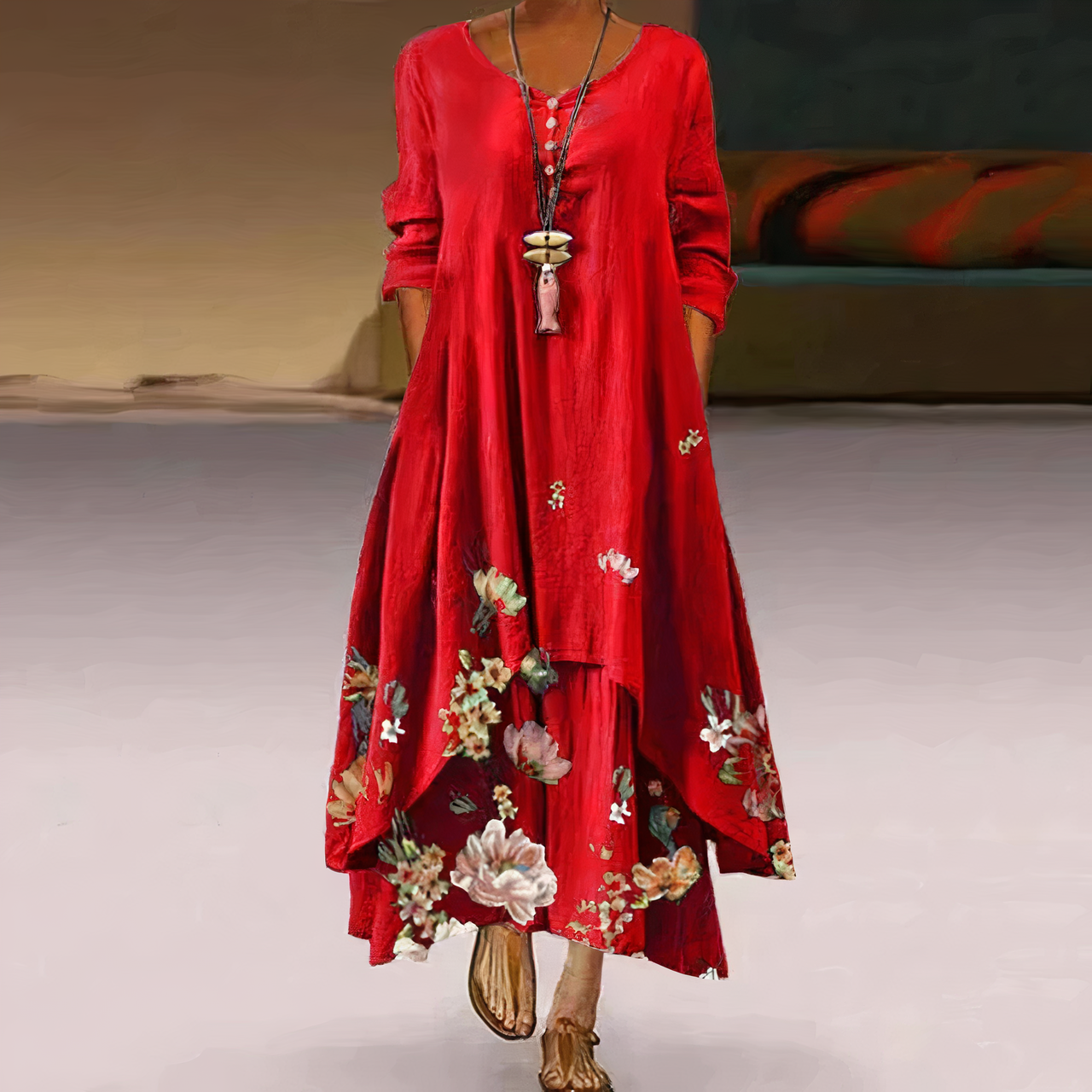 Stephanie | Women's Floral Print Full Sleeve Loose Maxi Dress
