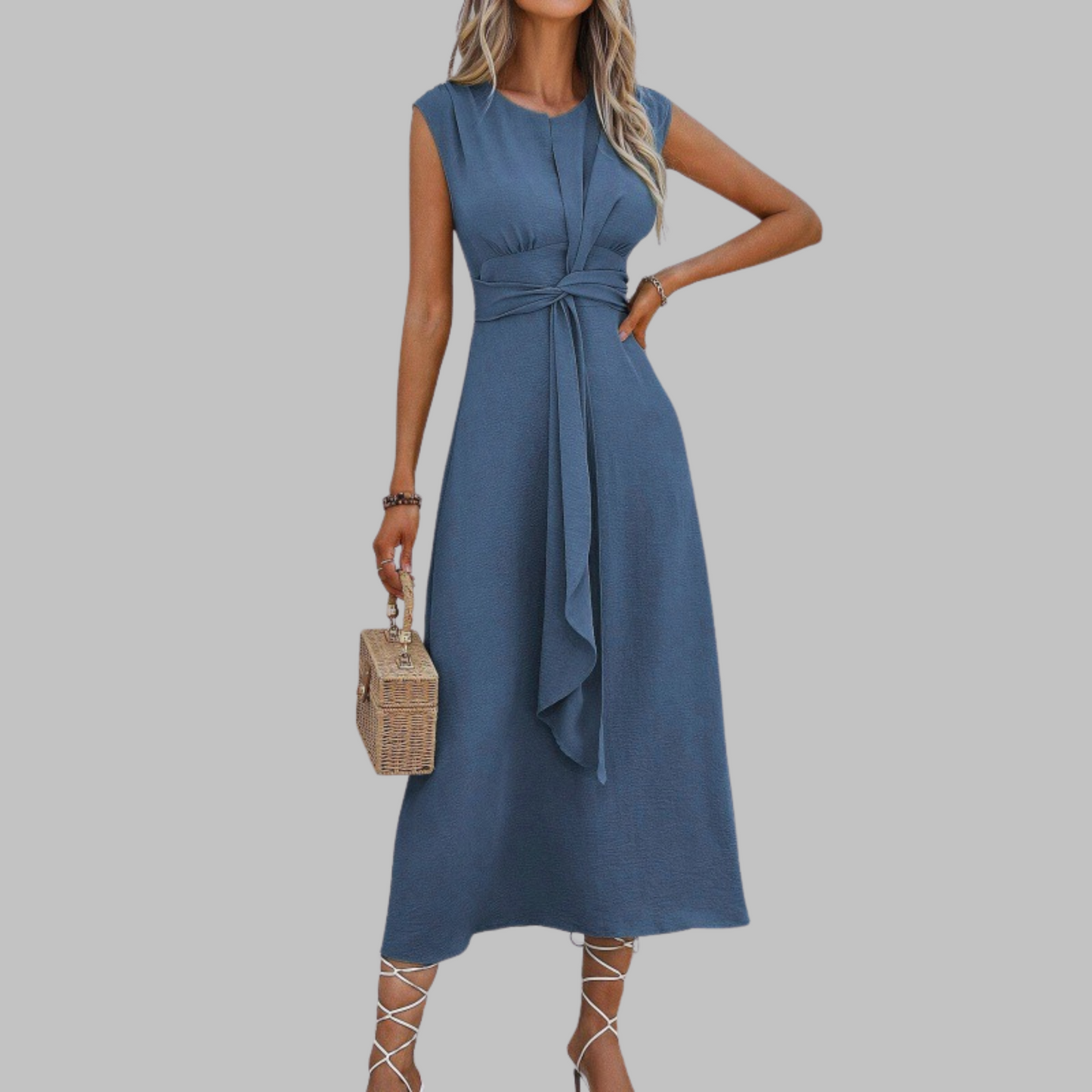 Rachel | Women's Belted Mid-Length Dress No-Sleeve Round Neck A-Line
