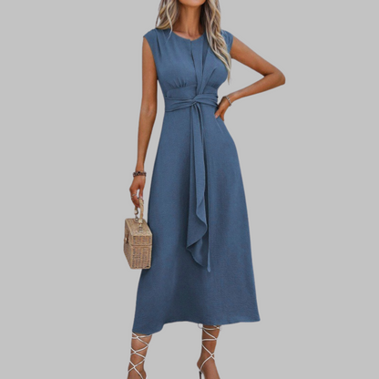 Rachel | Women's Belted Mid-Length Dress No-Sleeve Round Neck A-Line
