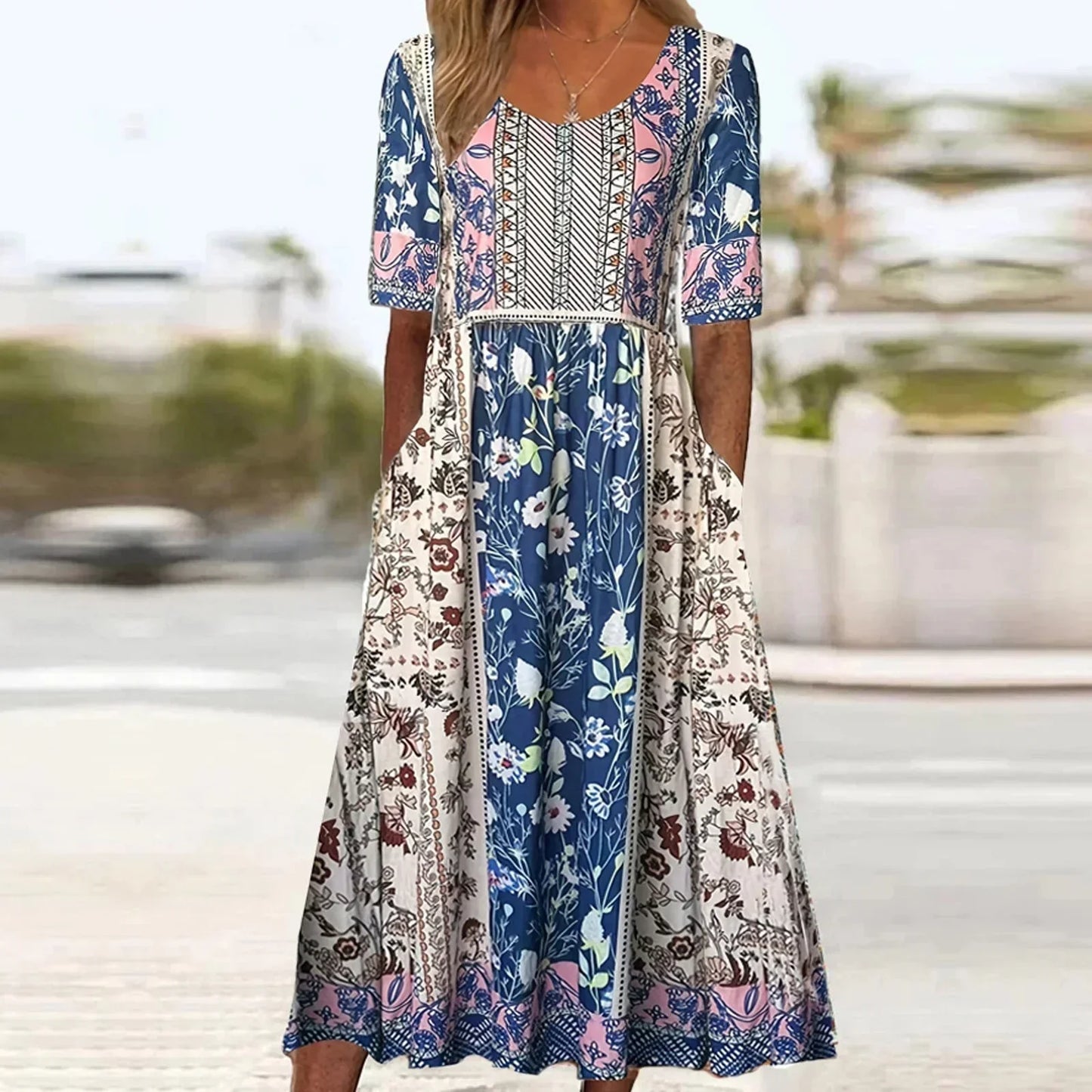 Genevieve | Dress with Bohemian Print and Round Neckline