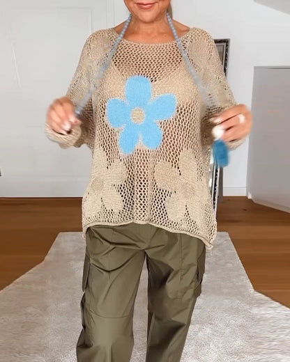Laila | Women's Crochet Top Botanical Open Weave Long Sleeve