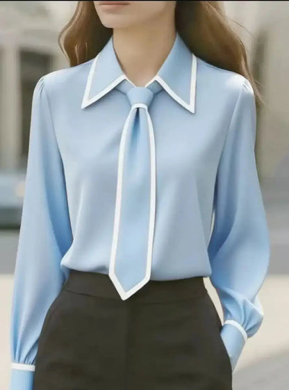 Alexa | Women's Long Sleeve Tie Neck Blouse Contrast Collar