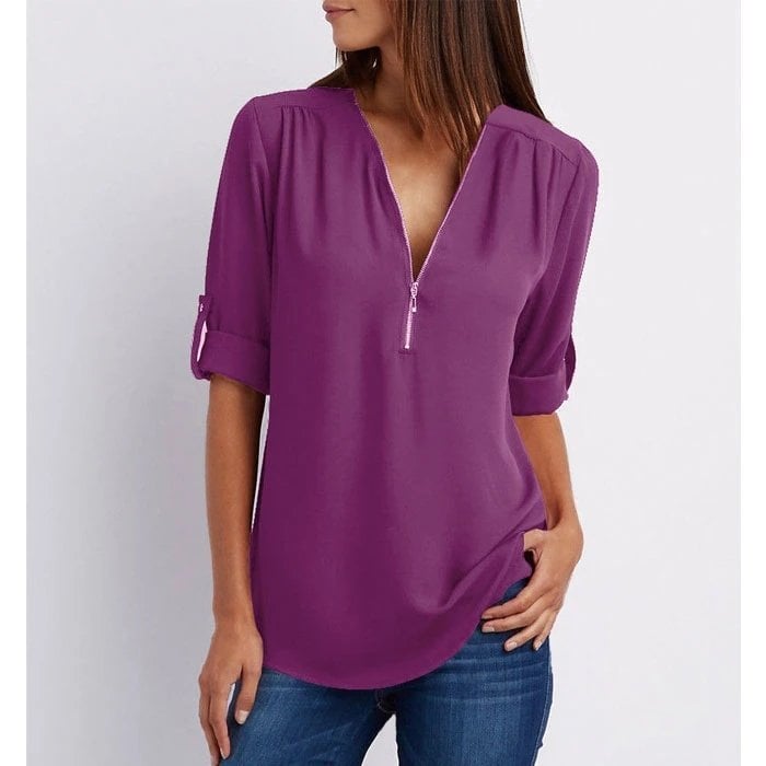 Marissa | Women's Zip-Up V-Neck Half Sleeve Relaxed Blouse Top