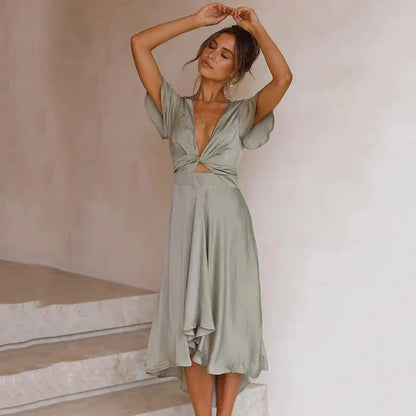 Leah | Women's Satin Mid-Length Dress Deep V-Neck Tie Front Flutter Sleeve