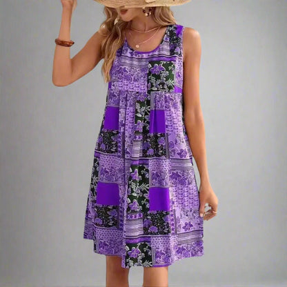 Serenity | Women's Bohemian Patchwork Print No-Sleeve Short Dress