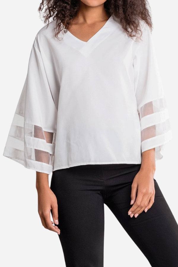 Alicia | Women's V-Neck Bell Sleeve Blouse with Mesh Panel Detail
