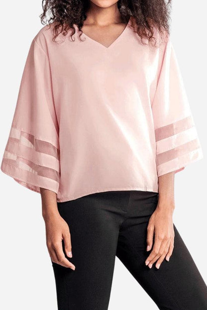 Alicia | Women's V-Neck Bell Sleeve Blouse with Mesh Panel Detail