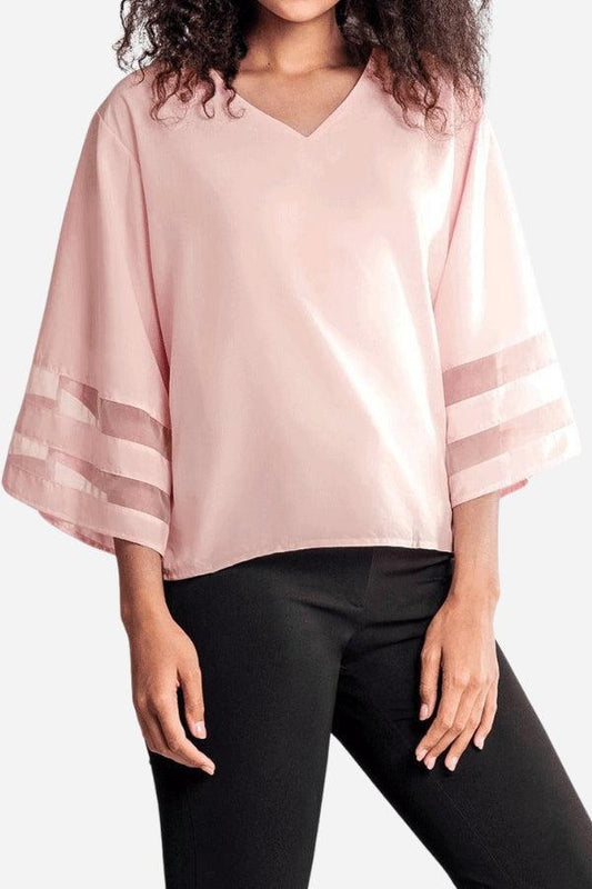 Alicia | Women's V-Neck Bell Sleeve Blouse with Mesh Panel Detail