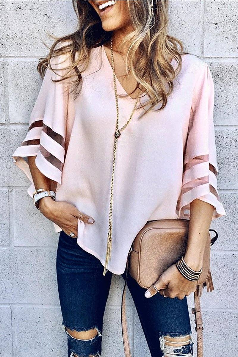 Alicia | Women's V-Neck Bell Sleeve Blouse with Mesh Panel Detail
