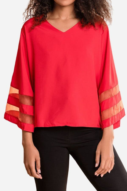 Alicia | Women's V-Neck Bell Sleeve Blouse with Mesh Panel Detail