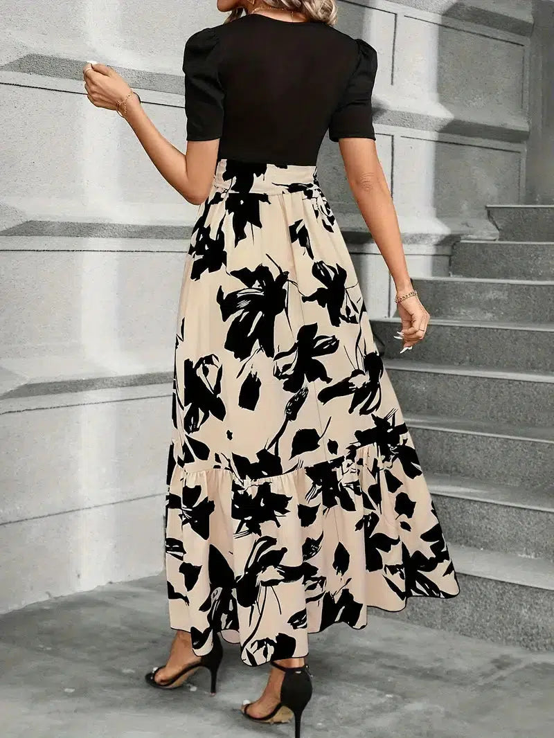 Megan | Women's Puff Sleeve Floral Maxi Dress with Tie Waist