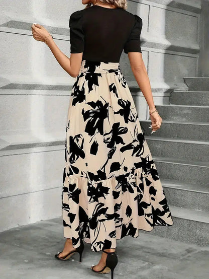 Megan | Women's Puff Sleeve Floral Maxi Dress with Tie Waist