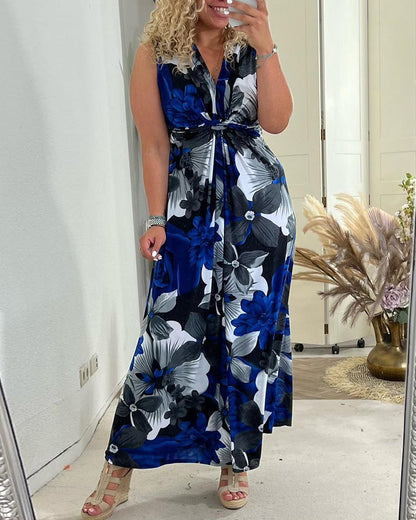 Trinity | Women's Floral Maxi Dress No-Sleeve Tie Front V-Neck