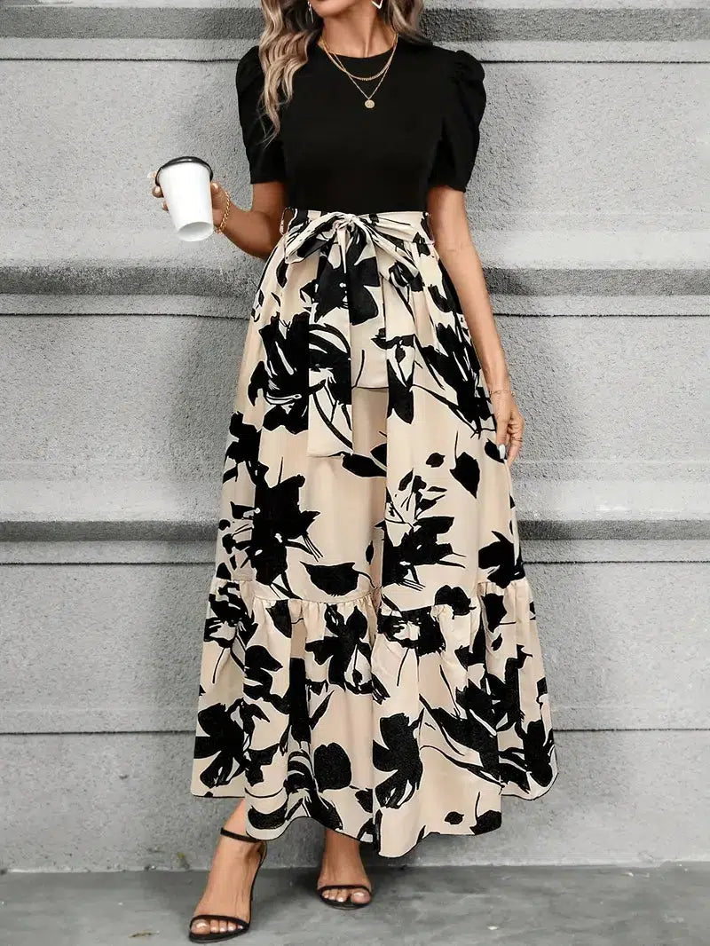Megan | Women's Puff Sleeve Floral Maxi Dress with Tie Waist