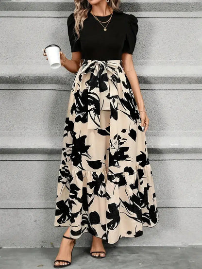 Megan | Women's Puff Sleeve Floral Maxi Dress with Tie Waist