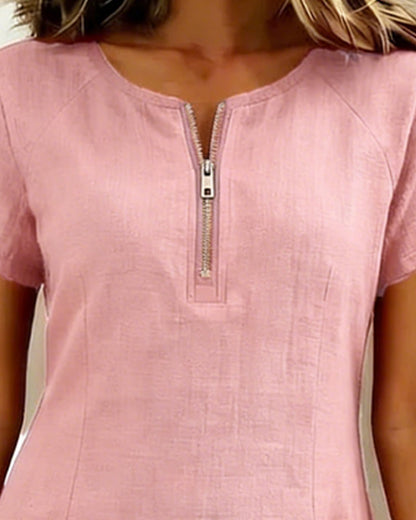 Sara | Women's Shift Dress Short-Sleeved Zip Neck with Pockets