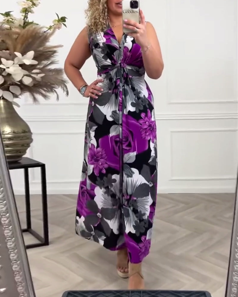 Trinity | Women's Floral Maxi Dress No-Sleeve Tie Front V-Neck