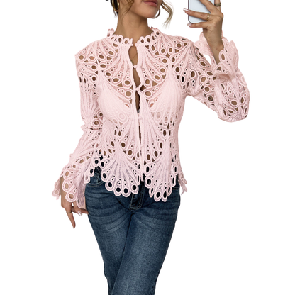 Robin | Women's Lace Cutwork Blouse Long Sleeve Hollow Out Top