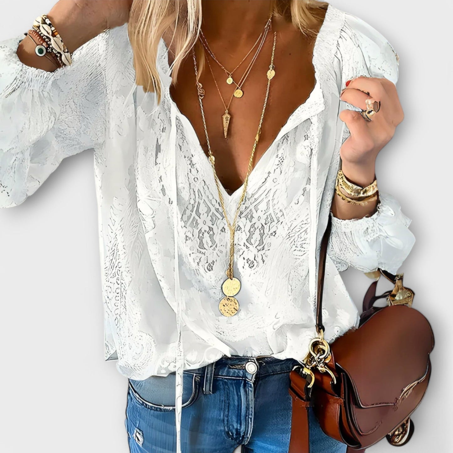 Megan | Women's Lace V-Neck Blouse Long Sleeve Boho Top