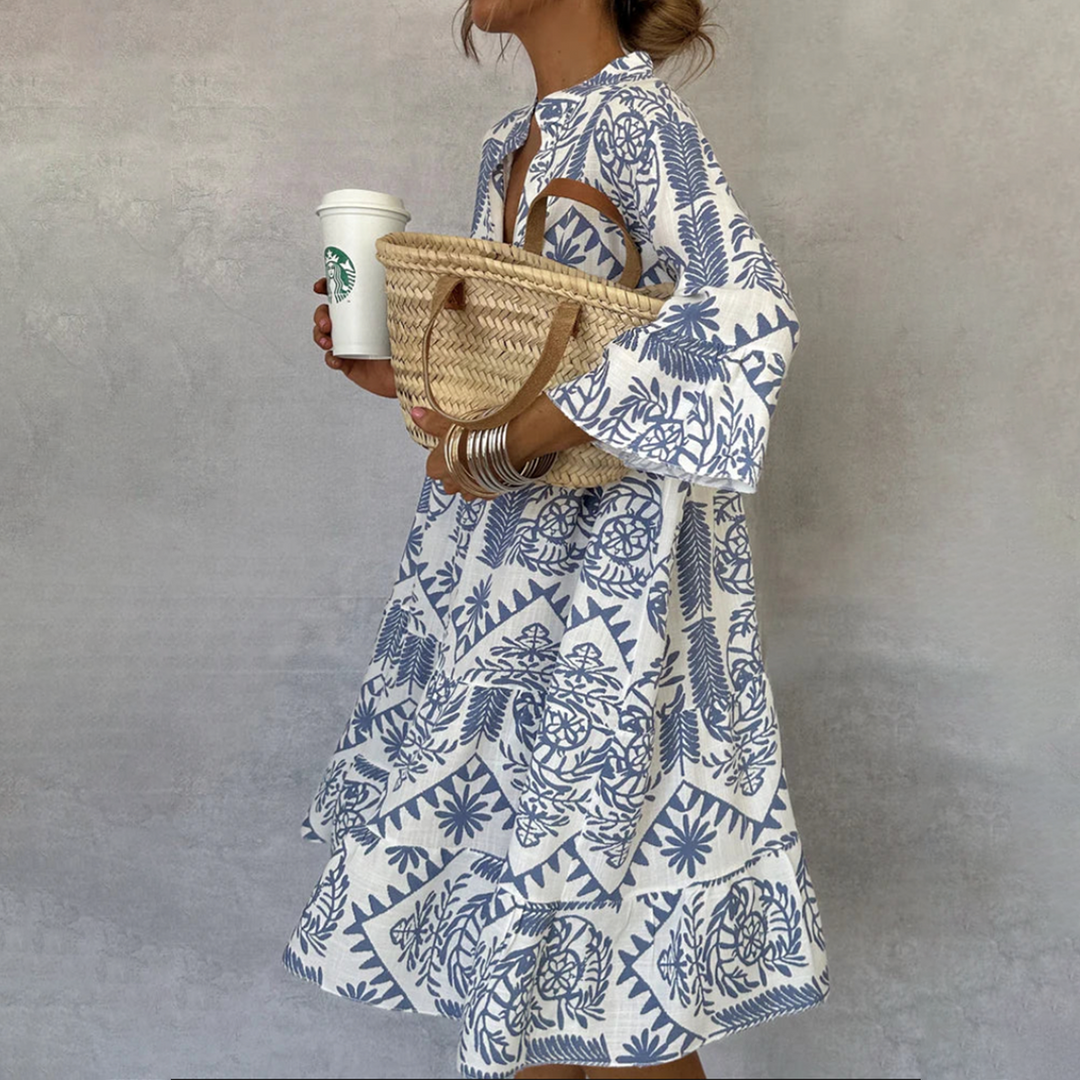 Rebecca | Women's Bohemian Print V-Neck Three-Quarter Sleeve Swing Dress