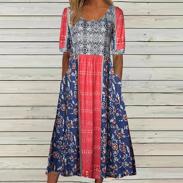 Genevieve | Dress with Bohemian Print and Round Neckline