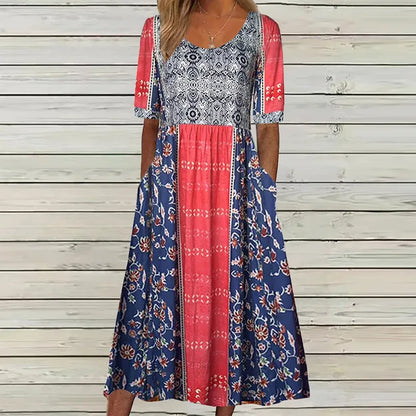 Genevieve | Dress with Bohemian Print and Round Neckline
