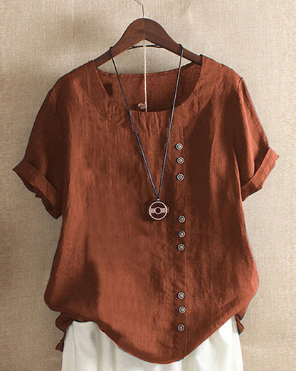 Alice | Women's Button Front Crew Neck Short Sleeve Relaxed Top