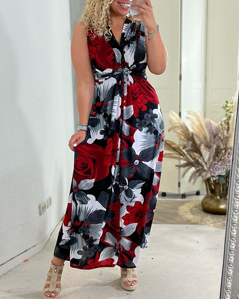 Trinity | Women's Floral Maxi Dress No-Sleeve Tie Front V-Neck